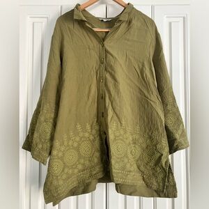 JOHN MARK Olive Embroidered Rayon Blend Button-Down Blouse Size 2X